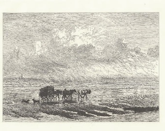 May include: A black and white etching of a landscape with a wagon pulled by horses in the foreground. The sky is filled with large, fluffy clouds.