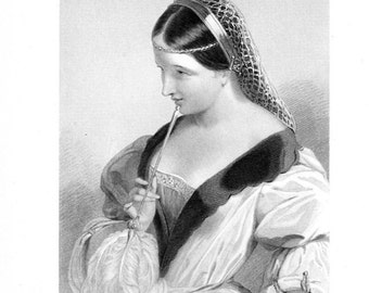 PRINCESS KATHERINE of FRANCE ~ Beautiful William Shakespeare Heroine ~ 1800s Steel Plate Engraving Old Antique Art Print [inv#1