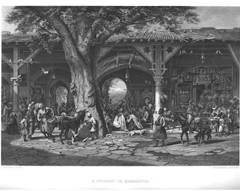 DAMASCUS City Bazzar Market Beautiful Details ~ Holy Land Vintage Antique Art Print Steel Plate Engraving 1800s [InvPictPale 20