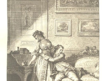 GOLD DIGGER Woman and her DOG Fleas! Cute!  ~ Costumes & Boudoir 1910s Copper Plate Engraving Antique Art Print Vintage Versailles [Inv#36