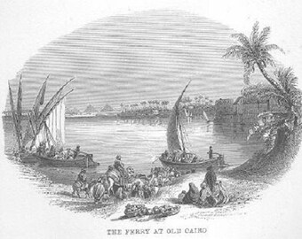 Cairo NILE BOAT PYRAMIDS ~ Egypt and Egyptian ~ Vintage 1800s Steel Plate Engraving Old Antique Art Print [inv#7