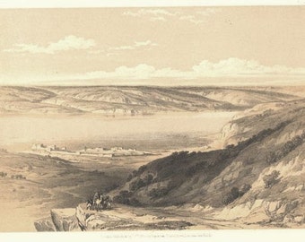 BASHAN TIBERIAS Palestine Israel Beautiful David Roberts 1850s Holy Land Lithograph Vintage Antique Art Print  [Inv# drF36
