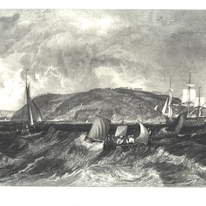 MOUNT EDGECOMB Maritime Victorian era William Joseph Turner Antique Steel Plate Engraving Art Print 1800s [Inv#turner 74