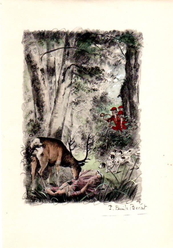 BEAGLES HUNTING Stag Woman WOODS Nude French Girls Paul Emille Becat Hand Tinted Genuine Vintage 1950s Art Print [inv.#BecatSec 24