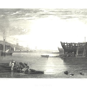 TEIGNMOUTH Maritime Tallship boats  Nautical Victorian William Joseph Turner Antique Steel Plate Engraving Art Print 1800s [Inv#turner 107