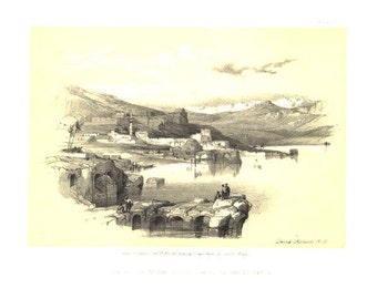 WALLS of TIBERIAS SAFED distance Palestine Israel Beautiful David Roberts 1850s Holy Land Lithograph Vintage Antique Art Print  [Inv# drF37