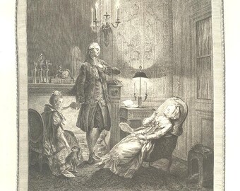 LAMP CANDLES DOG Women Fireplace Mantle ~ Costumes & Boudoir 1910s Copper Plate Engraving Antique Art Print Vintage Versailles [Inv#72