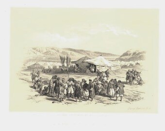 Christian & Moslim Pilgrims Jericho Palestine Beautiful David Roberts 1850s Holy Land Lithograph Vintage Antique Art Print  [Inv# drF46