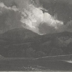 May include: A black and white photograph of a landscape with a large, dark cloud in the sky. The cloud is casting a shadow over the hills in the distance.