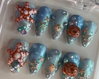 Ocean nails, beach nails, handmade gifts for women, under the sea nails, summer nails, spring nails, trending nails, holiday nails, starfish