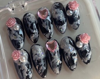 Black and white marble nails, marble handmade press on nails, handmade gifts for women, Autumn nails, winter nails, party nails
