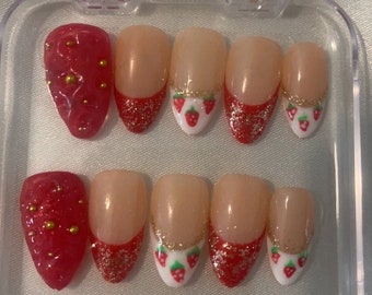 strawberry fruit nails, red and white strawberry nails, handmade gifts for women, 3D nails, Spring nails, summer nails, trending nails,