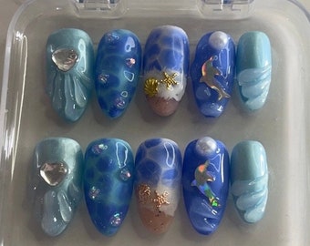 Ocean blue nails, beach nails, under the sea nails, spring nails, summer nails, handmade gifts for women, trending nails, press on nails