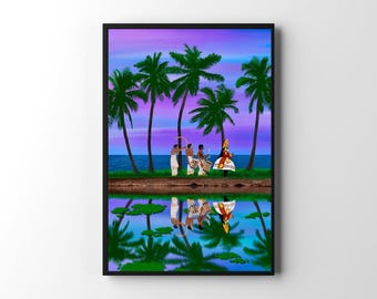 Kathakali / Bailarines de Kathakali y artistas de Chenda en los remansos de Kerala / Decoración tradicional india / Obras de arte folclórico vibrantes