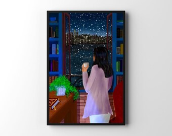 Lámina artística "Biblioteca acogedora de invierno" / Mujer leyendo, nevada en la ciudad (descarga digital)