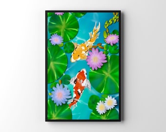 Pintura de estanque de peces Koi / Arte Zen Yin Yang (Descarga digital)
