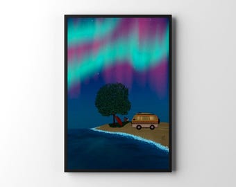 Arte nocturno con auroras boreales / Escena romántica de la vida en furgoneta / Arte costero tranquilo