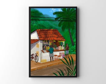 Pintura de una tienda de té de Kerala / Arte tropical de Alleppey (Descarga digital)