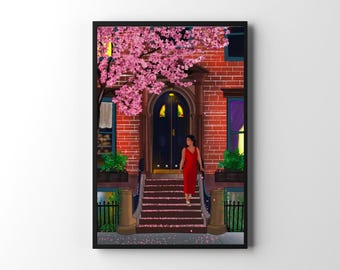 Impresión artística de una casa de piedra rojiza de Nueva York: Mujer con vestido rojo y flores de cerezo (descarga digital)