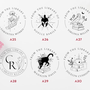 May include: Six black and white illustrations of book-themed stamps. Each stamp features a different design, including a skeleton hand holding a flower, a knight with swords, a bird perched on books, a monogram, a black cat on books, and a teacup on books. The text on each stamp reads "From the Library of" followed by a name.