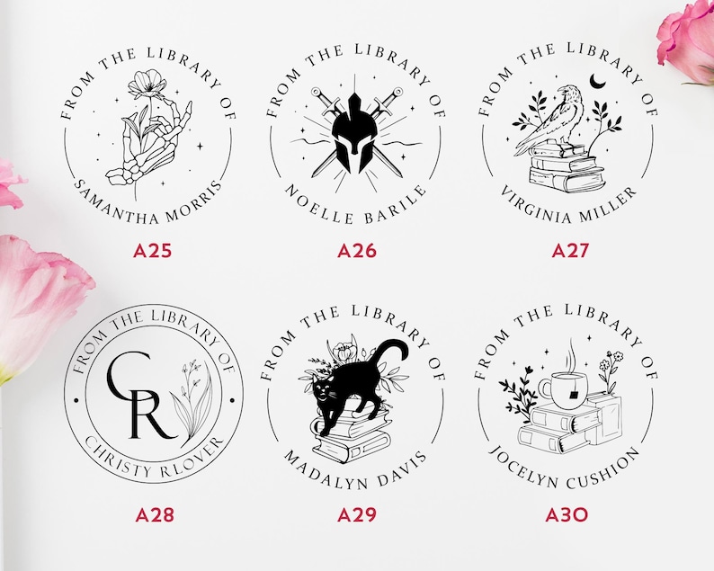 May include: Six black and white illustrations of book-themed stamps. Each stamp features a different design, including a skeleton hand holding a flower, a knight with swords, a bird perched on books, a monogram, a black cat on books, and a teacup on books. The text on each stamp reads "From the Library of" followed by a name.
