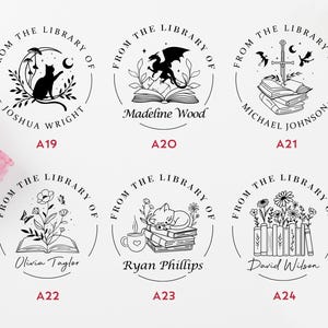 May include: Six black and white illustrations of book-themed stamps. Each stamp features a different design, including a cat, a dragon, a sword, flowers, and a cat reading a book. The text on each stamp reads "From the Library of" followed by a name.