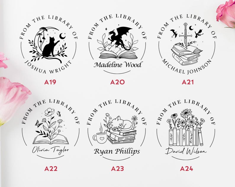 May include: Six black and white illustrations of book-themed stamps. Each stamp features a different design, including a cat, a dragon, a sword, flowers, and a cat reading a book. The text on each stamp reads "From the Library of" followed by a name.