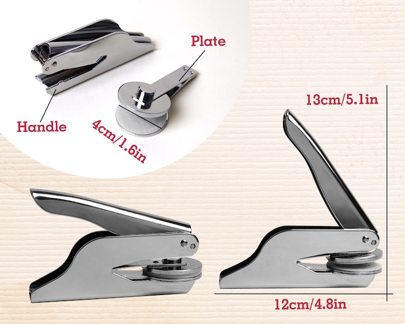 May include: A silver metal stamp with a handle and a round plate. The plate is 4 inches in diameter and the handle is 13 inches long. The stamp is 12 inches wide.
