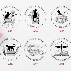 May include: Eight black and white illustrations of book-themed stamps. Each stamp features a different design, including a cat, a dragon, and a mountain scene. The text on the stamps reads "From the Library of" followed by a name.