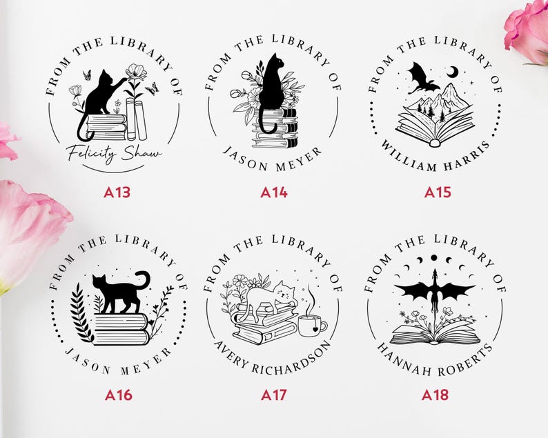 May include: Eight black and white illustrations of book-themed stamps. Each stamp features a different design, including a cat, a dragon, and a mountain scene. The text on the stamps reads "From the Library of" followed by a name.