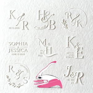 May include: A collection of embossed wedding invitation designs with initials and dates, including a pink and white seal press. The designs feature various letter combinations and dates, such as "Sophia & Jessica, June 15 2020."