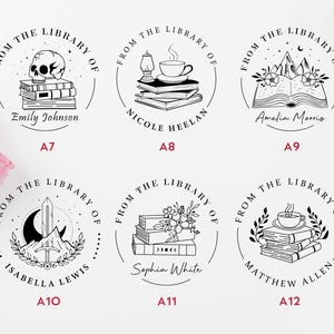 May include: Six black and white circular stamps with the text "From the Library of" and a different design on each stamp. The designs include a skull, a book with a mountain and moon, a book with a coffee cup and a lamp, a book with flowers, a sword and a mountain, and a book with a coffee cup.