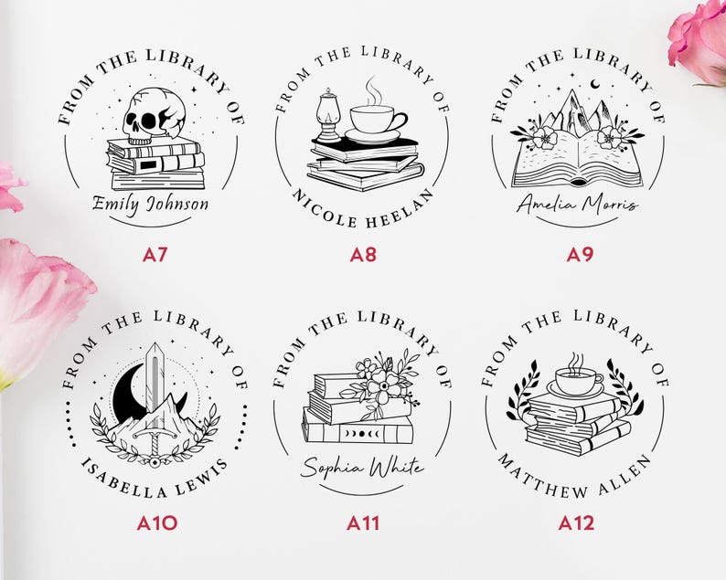 May include: Six black and white circular stamps with the text "From the Library of" and a different design on each stamp. The designs include a skull, a book with a mountain and moon, a book with a coffee cup and a lamp, a book with flowers, a sword and a mountain, and a book with a coffee cup.