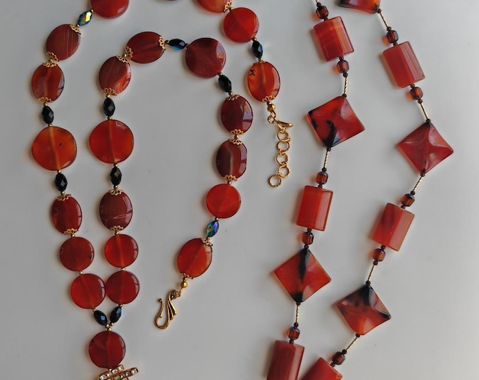 Featured listing image: Handmade carnelian necklace in brown and gold, statement carnelian necklace, long carnelian necklace with pendant, opulent necklace in cognac orange