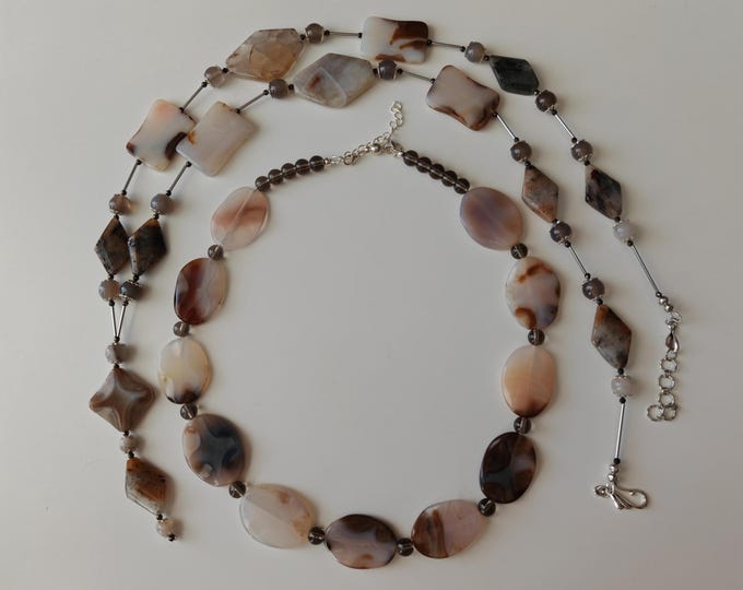 Featured listing image: Agate necklace in beige/brown/grey, long agate necklace in grey/brown, solid agate necklace with pendant, handmade agate jewelry, gift