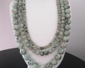 Sesame Kiwi Jasper necklace. Necklace in light blue/black. 3-row jasper necklace. Handmade statement necklace. Gemstone necklace. Gift.
