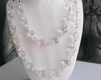Long rock crystal necklace. Handmade long necklace made of rock crystal beads and heart beads. Mother&#39;s Day gift. Necklace with hearts.