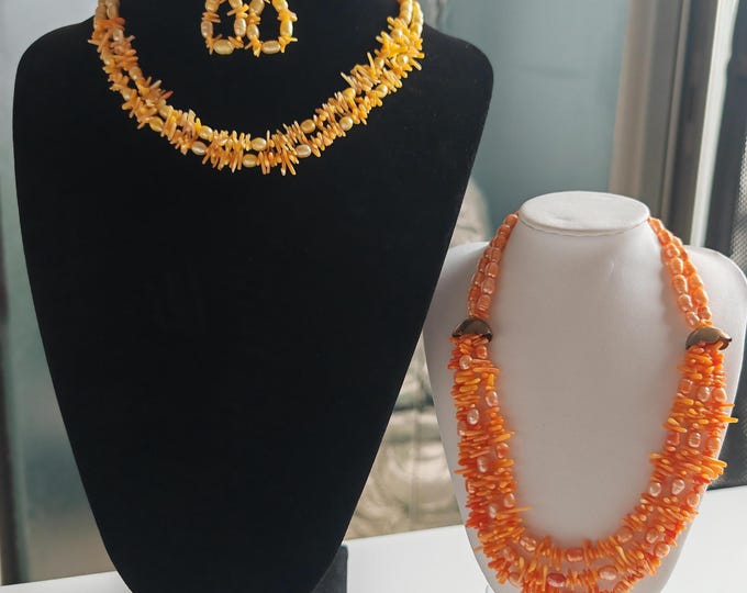 Featured listing image: Orange coral necklace, coral necklace with freshwater pearls, 3-strand necklace, handmade jewelry, handcrafted coral necklace