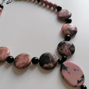 Pink/Black Rhodonite Necklace, Handmade Rhodonite Necklace, Rhodonite Necklace with Pendant, Handcrafted Gemstone Jewelry for Gifting