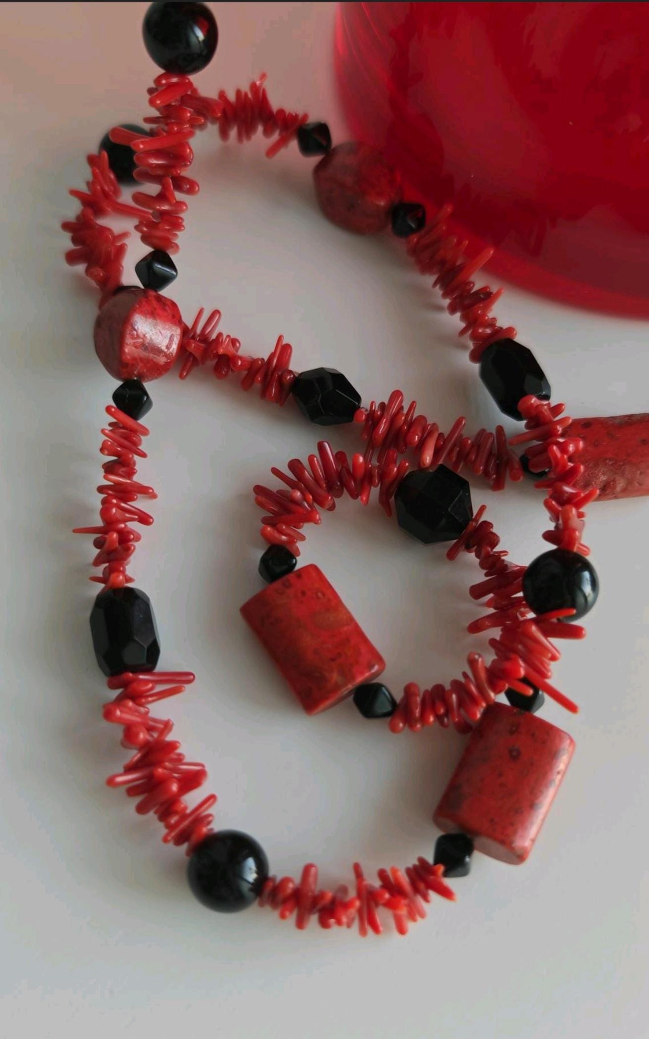 Long red/black coral necklace, Handmade coral necklace, Long necklace made of coral and pearls, Handmade jewelry as a gift