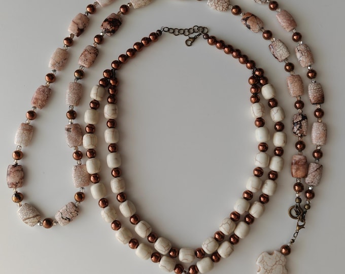 Featured listing image: Two-tone chrysopas necklace with pendant, necklace in beige/copper, 2-row necklace with pendant, long chrysopas necklace pendant, gift