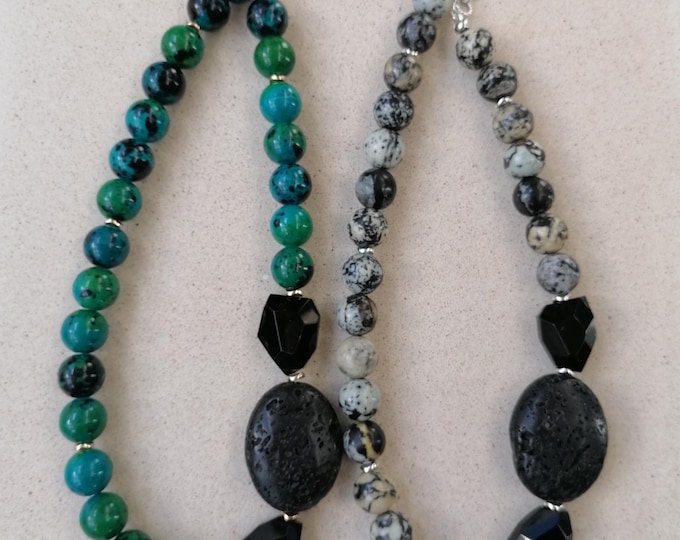 Featured listing image: Handmade Asymmetrical Chrysocolla Necklace, Statement Chrysocolla Necklace, Asymmetrical Agate Necklace, Statement Jewelry, Gemstone Jewelry