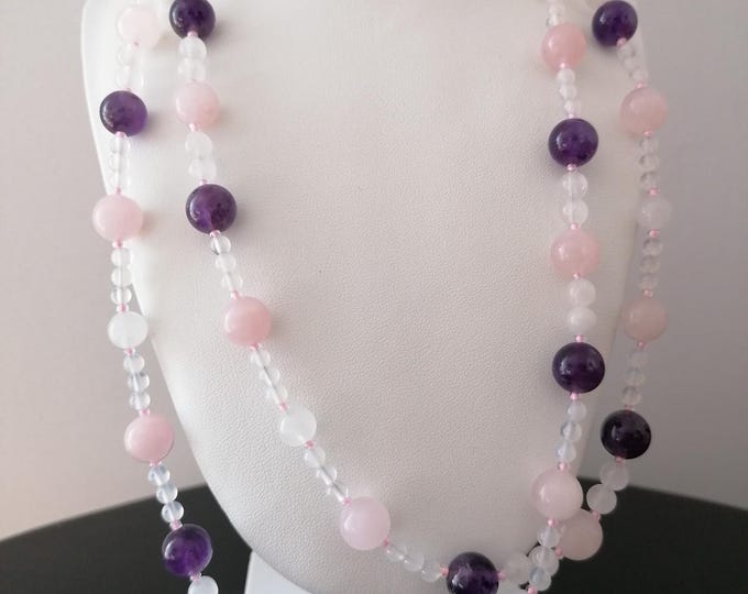 Featured listing image: Long gemstone necklace in rose/white/purple. Long necklace with amethyst, rose quartz, and jade. Handmade gemstone necklace. Mother's Day gift.