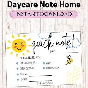 Printable Daycare Note: Supplies Needed List (Instant Download)