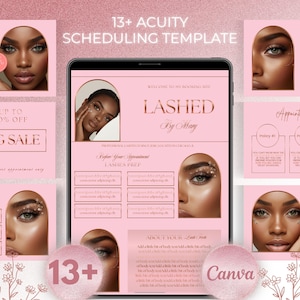 Peut inclure: Un modèle numérique rose pour les rendez-vous de cils, avec le texte "Lashed By Mary" et "13+ Acuity Scheduling Template." Le design comprend des images de femmes avec du maquillage des yeux et le logo Canva.