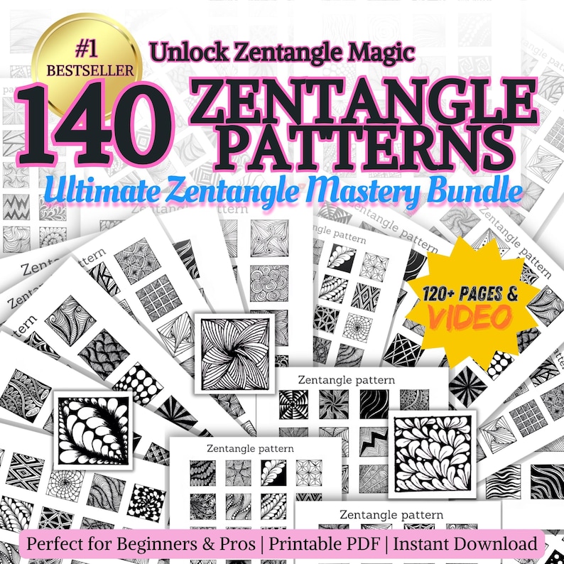 Bundel met 140 zentanglepatronen, afdrukbare oefenpagina's (pdf en jpeg) afbeelding 1