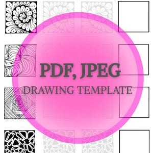 Op de afbeelding: Een printbare Zentangle-patroon tekentemplate in PDF- en JPEG-formaat. De template bevat vier verschillende patronen, elk met een zwart-wit ontwerp. De patronen zijn gerangschikt in een rasterformaat, met een roze cirkel in het midden waarop "PDF, JPEG DRAWING TEMPLATE" staat.