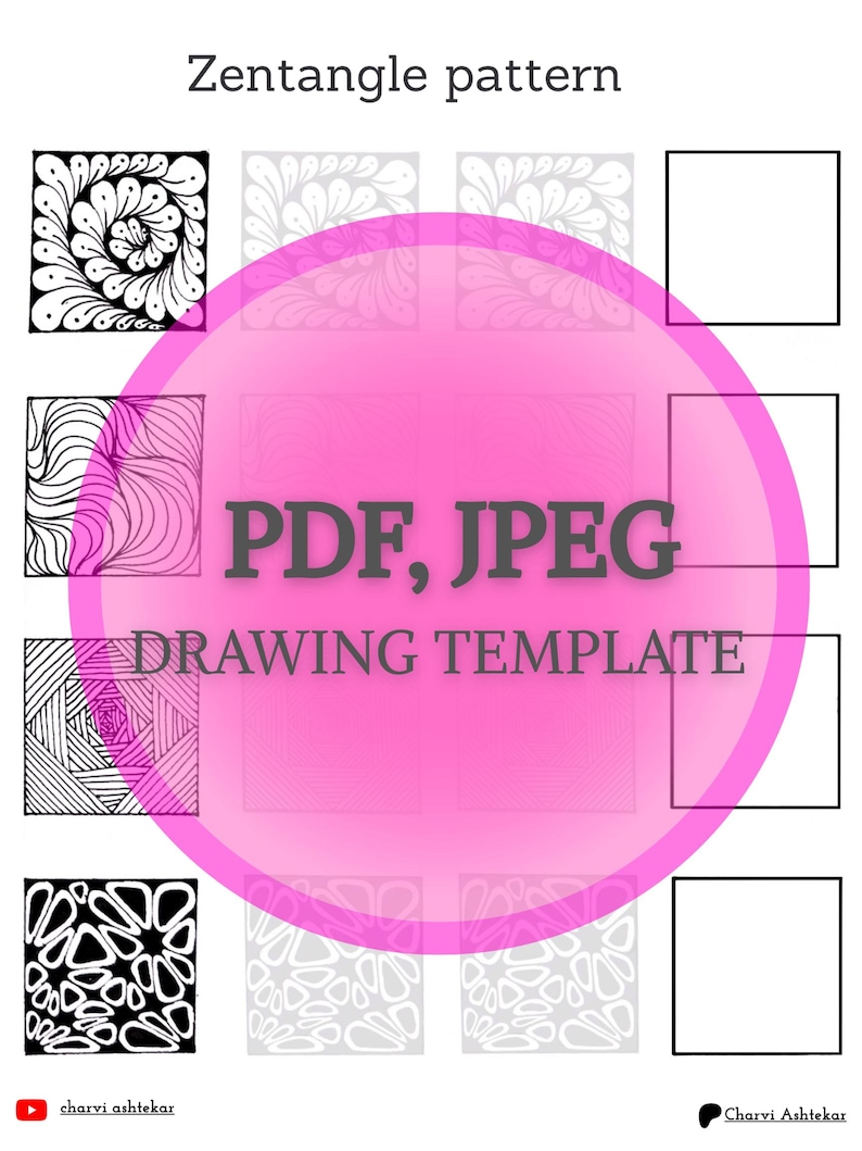 Op de afbeelding: Een printbare Zentangle-patroon tekentemplate in PDF- en JPEG-formaat. De template bevat vier verschillende patronen, elk met een zwart-wit ontwerp. De patronen zijn gerangschikt in een rasterformaat, met een roze cirkel in het midden waarop "PDF, JPEG DRAWING TEMPLATE" staat.