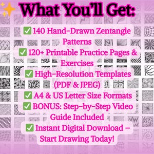 Op de afbeelding: Een roze en witte digitale download-afbeelding met een checklist van items die zijn inbegrepen in een Zentangle-patroonontwerpbundel. De checklist omvat 140 handgetekende Zentangle-patronen, meer dan 120 afdrukbare oefenpagina's en oefeningen, hoge resolutie sjablonen in PDF- en JPEG-formaten, A4- en US letter-formaten, een stapsgewijze video-handleiding en een directe digitale download. De tekst "What You'll Get" staat bovenaan de afbeelding.