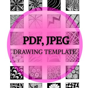 Op de afbeelding: Een set van 16 zwart-witte Zentangle-patroon sjablonen om te tekenen. De sjablonen zijn gerangschikt in een raster van vier rijen en vier kolommen. De titel "PDF, JPEG DRAWING TEMPLATE" staat in een roze cirkel in het midden van het raster.